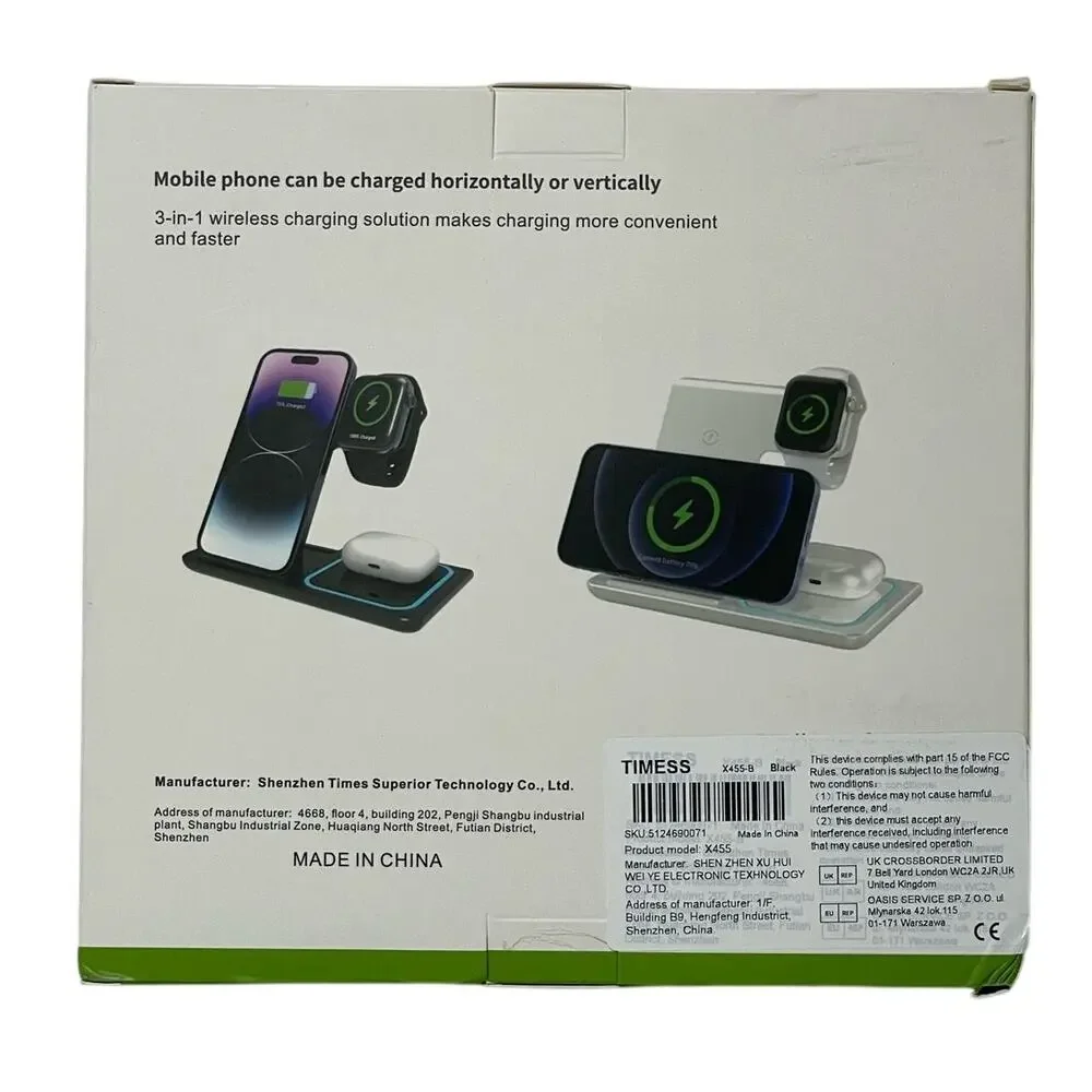 Timess 3-in-1 Wireless Charger Foldable Fast Charging Stand Phone Watch NWT